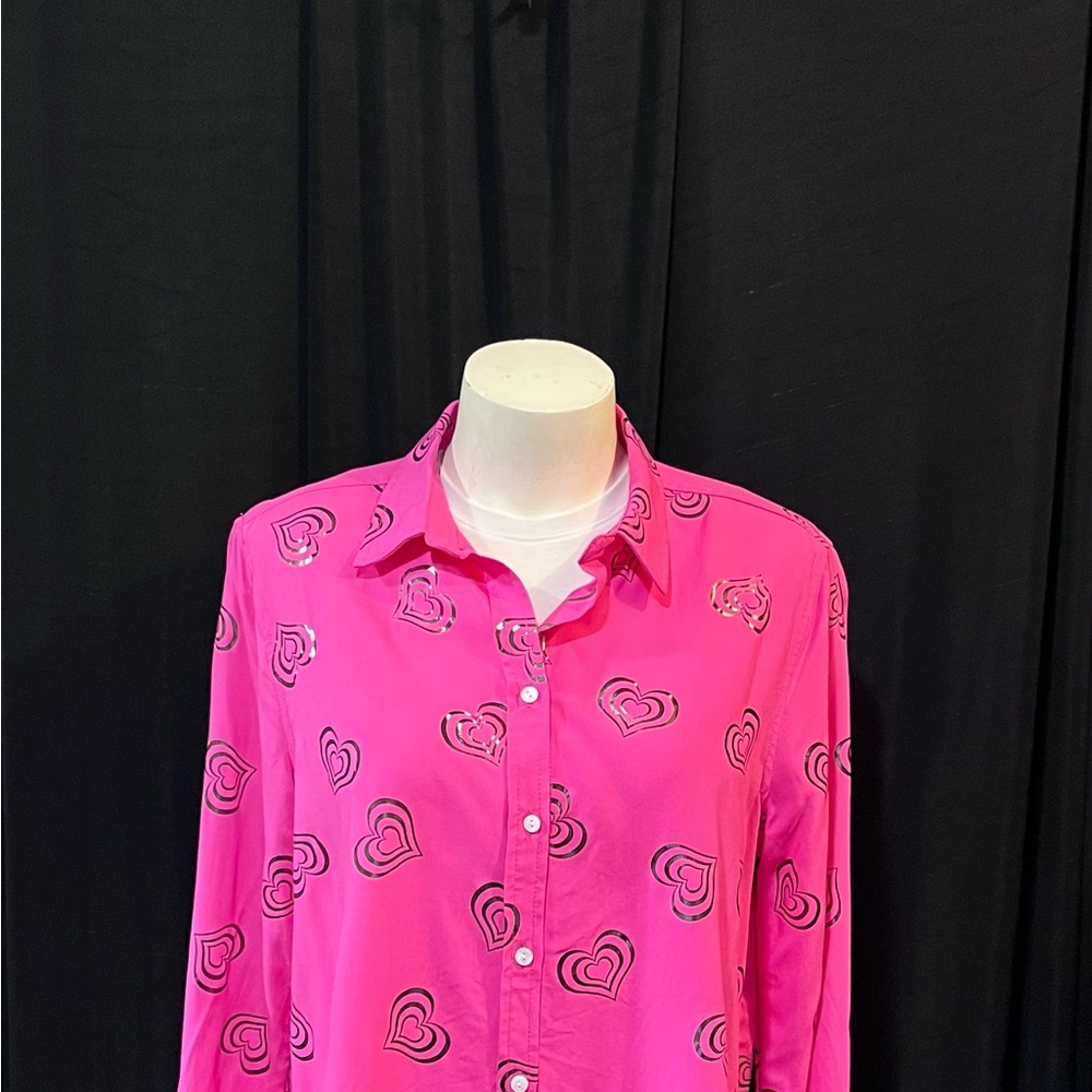 Jane and Delancey Pink Silver Heart Button-Down Blouse Size M